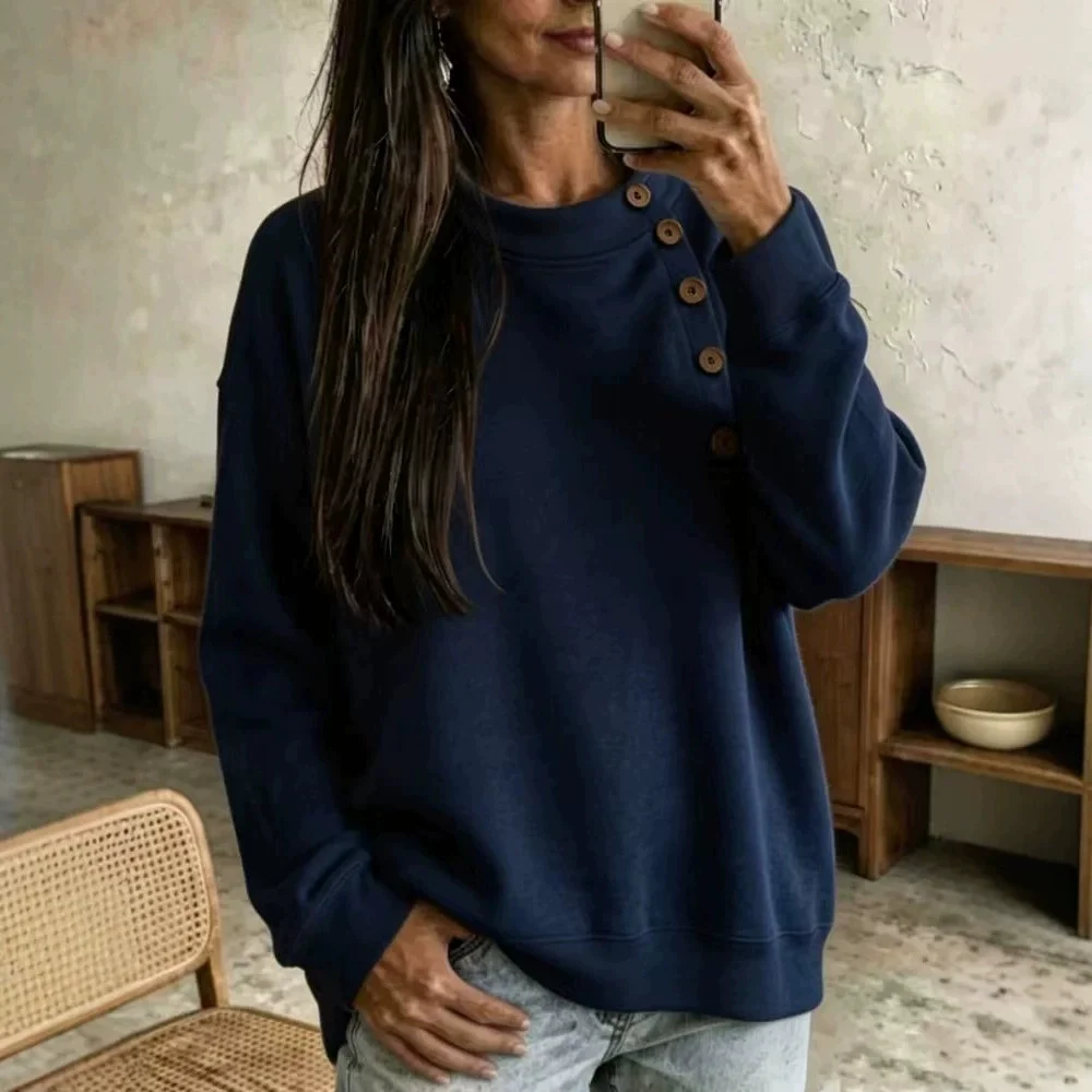 Damen-Sweatshirt mit Knopfdetails, Rundhalsausschnitt, langen Ärmeln, lockerer Passform, einfarbig, lässiger Oversize-Stil, ideal für Herbst und Winter, für den täglichen Gebrauch. – Detail 7