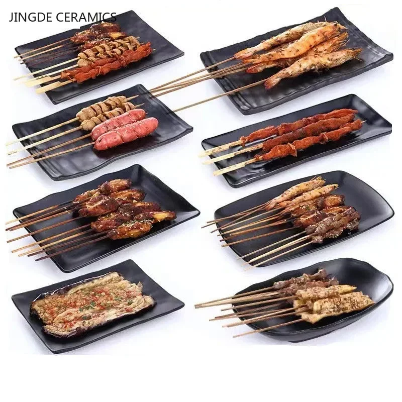 1Pc Black Rectangular Barbecue Plate Melamine Tableware Commercial Hot Pot Vegetable Plate Japanese Barbecue Plastic Plate