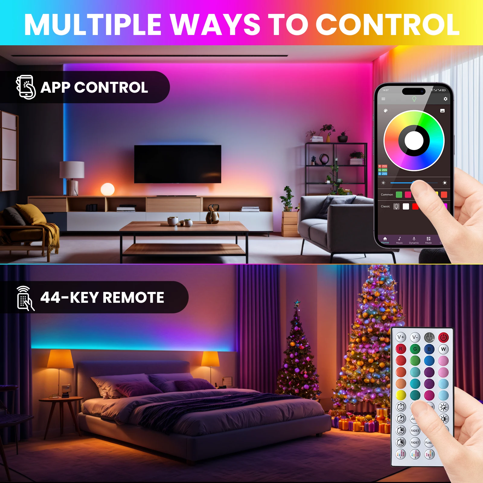 24V RGB LED Neon Strip Light 5m 20m 40m 60m Bluetooth APP 24key 44key Remote Control Kit Music Sync Tape for Gaming/Outdoor Deco