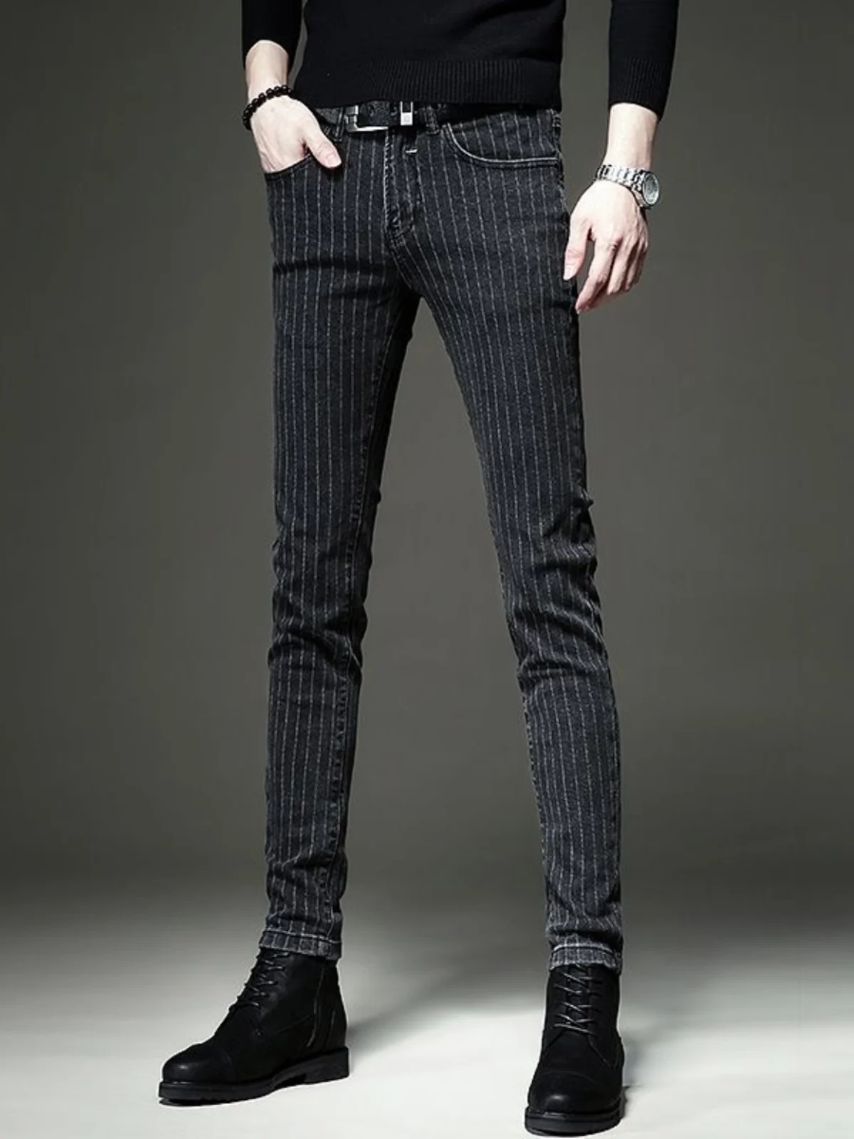 

Spring New Sle Men's Slim Fit Casual Jeans with Stripe Design Fce Lined Korean Version Faionable Loose Long Pants