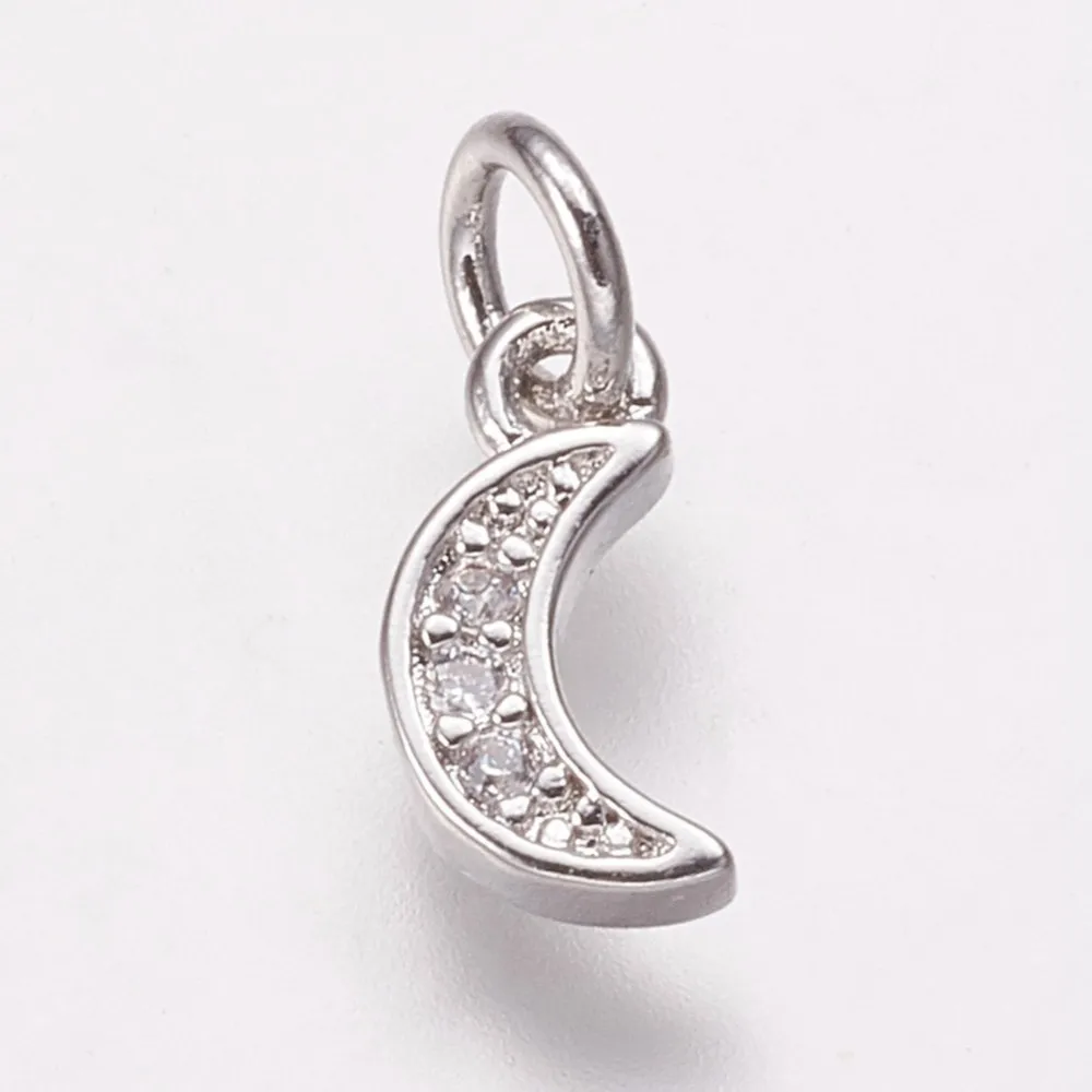 5Pcs Brass Cubic Zirconia Tiny Crescent Moon Charms 9.5x5x2mm Platinum Moon Charms Tiny Clear Moon Charms with 3mm Hole Ideal