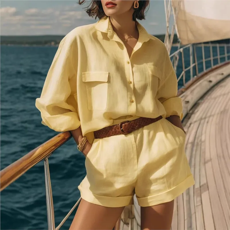 

Women's Blue Two Piece Sets 2026 Spring Summer New Cotton Linen Loose Buttoned Shirts Shorts Fashion Casual Suits Women Clothing