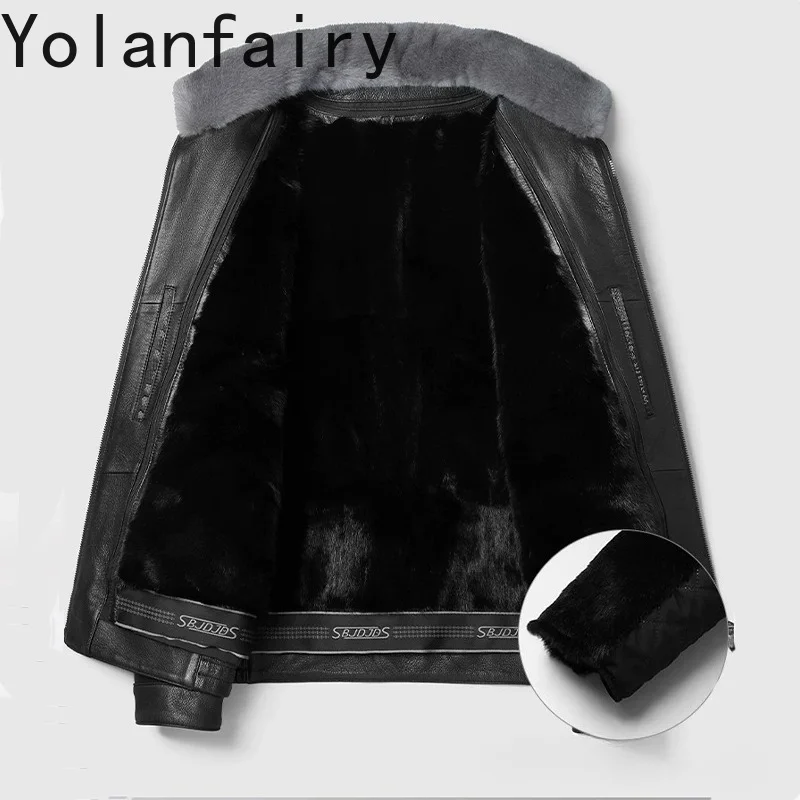 YOLANFAIRY Luxury Real Fur Coat Men Winter Genuine Goatskin Leather Jacket Detachable Mink Fur Liner Coats Warm Fur Outerwears