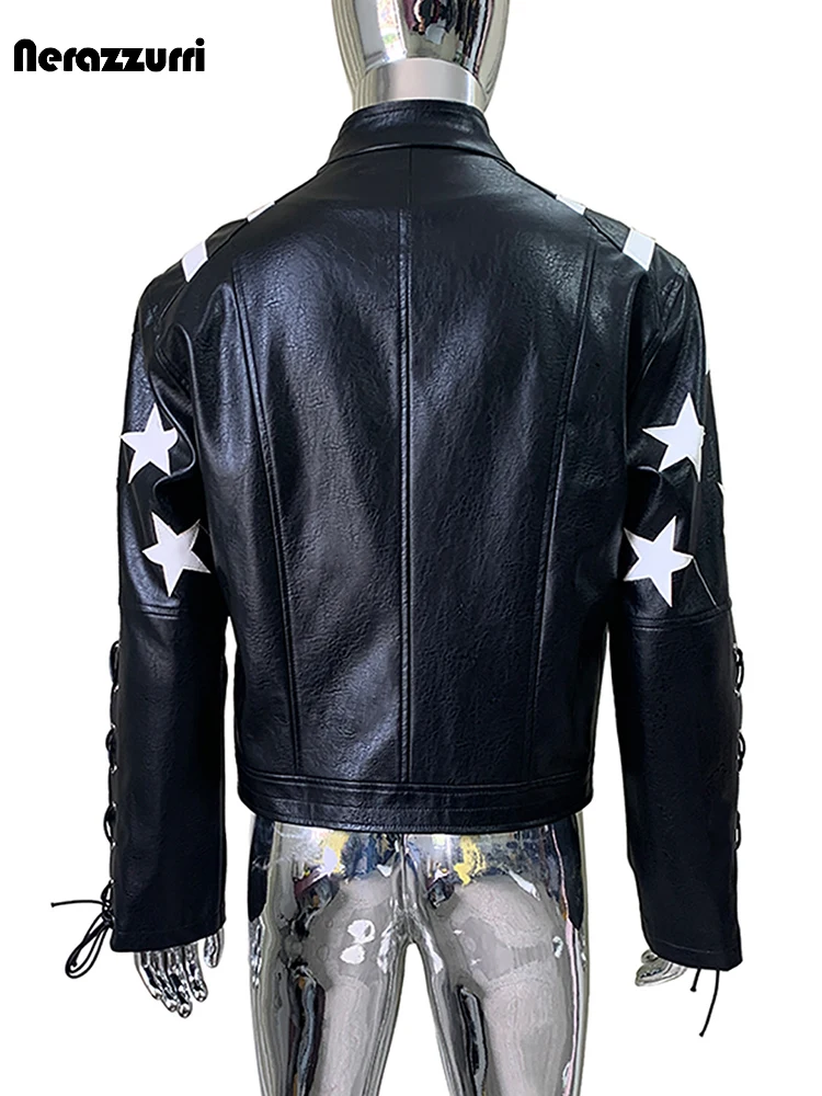 Nerazzurri Autumn White Five-pointed Star Patchwork Black Pu Leather Racing Jacket Men Zipper Luxury Lace Up Menswear Clothing