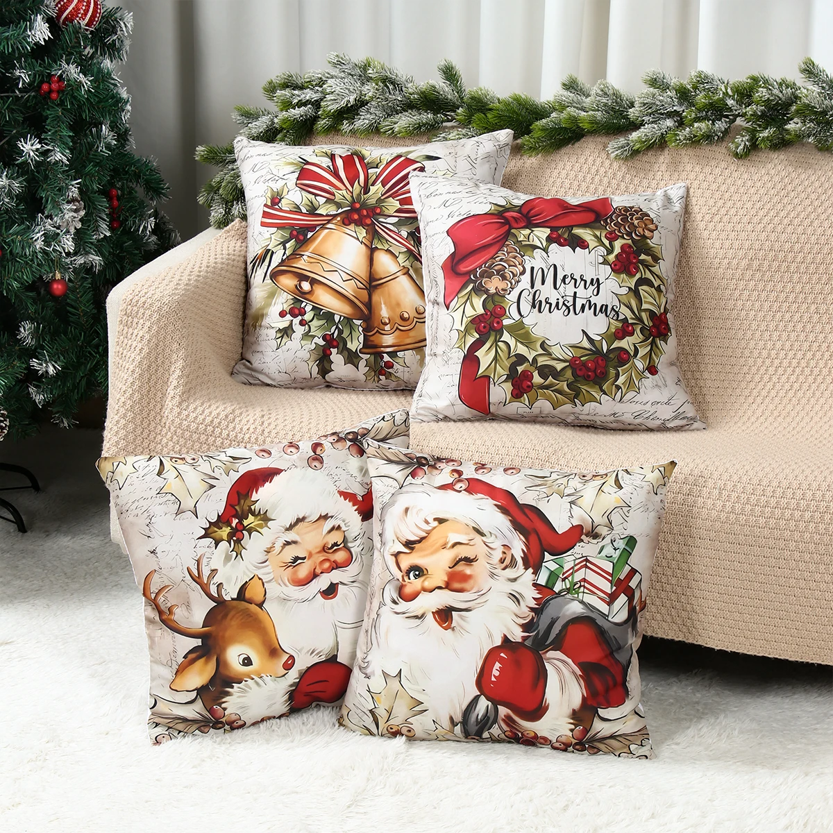 4pcs Christmas Pillow Covers 45x45cm Pillowcases Christmas Throw Pillow Covers For Home 2024 Xmas Sofa Couch New Year Gifts 2025