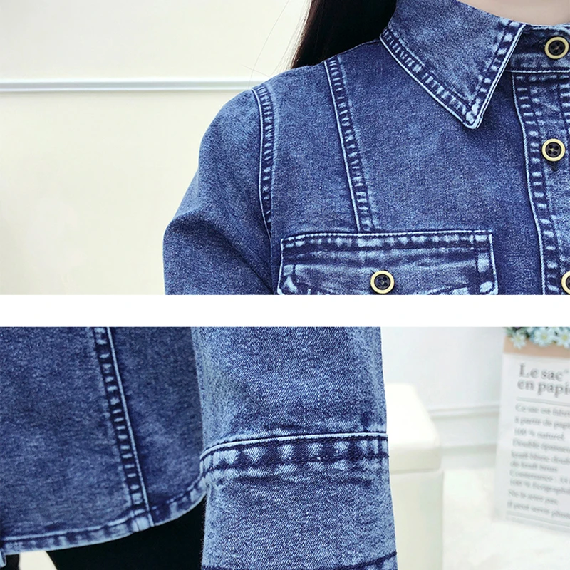 New 2024 Autumn Winter Denim Shirt Women Super High Quality Single Buttons Pockets Long Sleeve Top Femme Korean Shirts Blouses