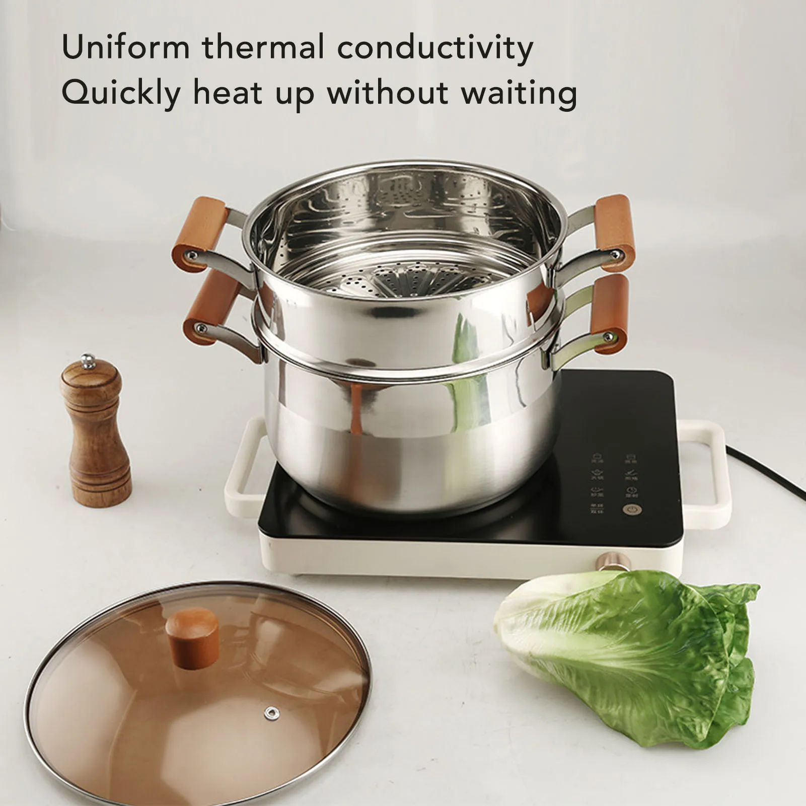 

Cookware Set Stainless Steel Cookware Set Wooden Handle Multifunctional Kitchen Cooking Set for Steaming Boiling Making Soup