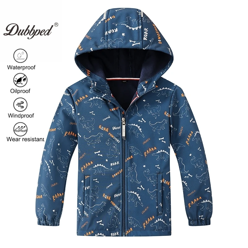

Dubbped Spring Kids Outerwear Jackets Sport Fashion Children Dinosaur Rian Jackets Polar Fleece Waterproof Boys Windproof 4-12Y