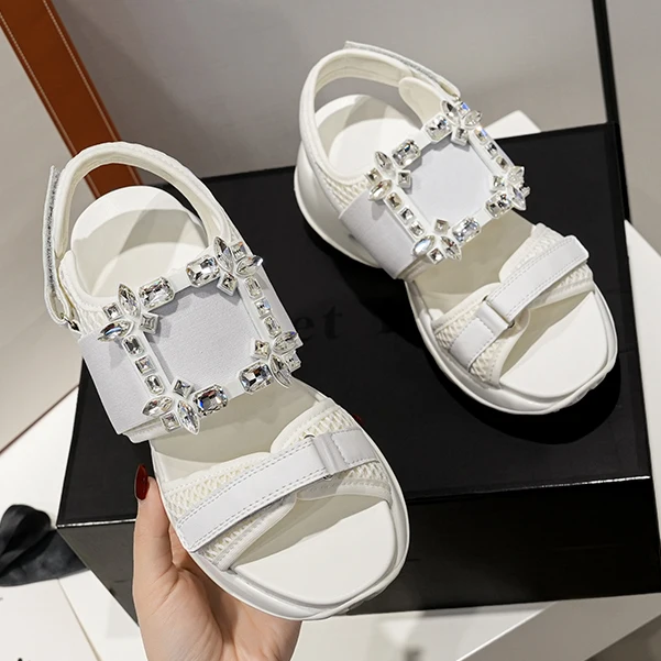 

2025 г. сандалии на платформе с открытым носком и кристаллами, летние женские туфли-лодочки без шнуровки с ремешком на щиколотке, женская обувь на танкетке, толстый каблук, Zapatos Mujer