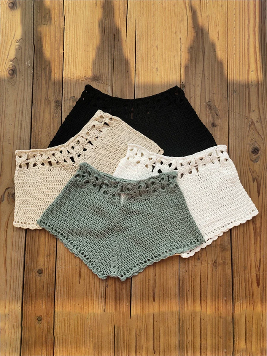Women s Beach Shorts Knit Crochet Cutout Bathing Suit Bottoms Drawstring Beach Board Shorts Summer Hot Shorts Streetwear