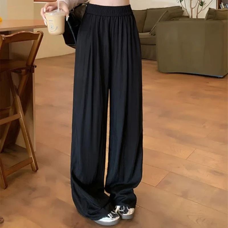 2024 Summer Women's New Splicing Solid Color Straight Leg Wide Leg Elasticized High-waisted Pocket Loose Casual Slimming Pants
