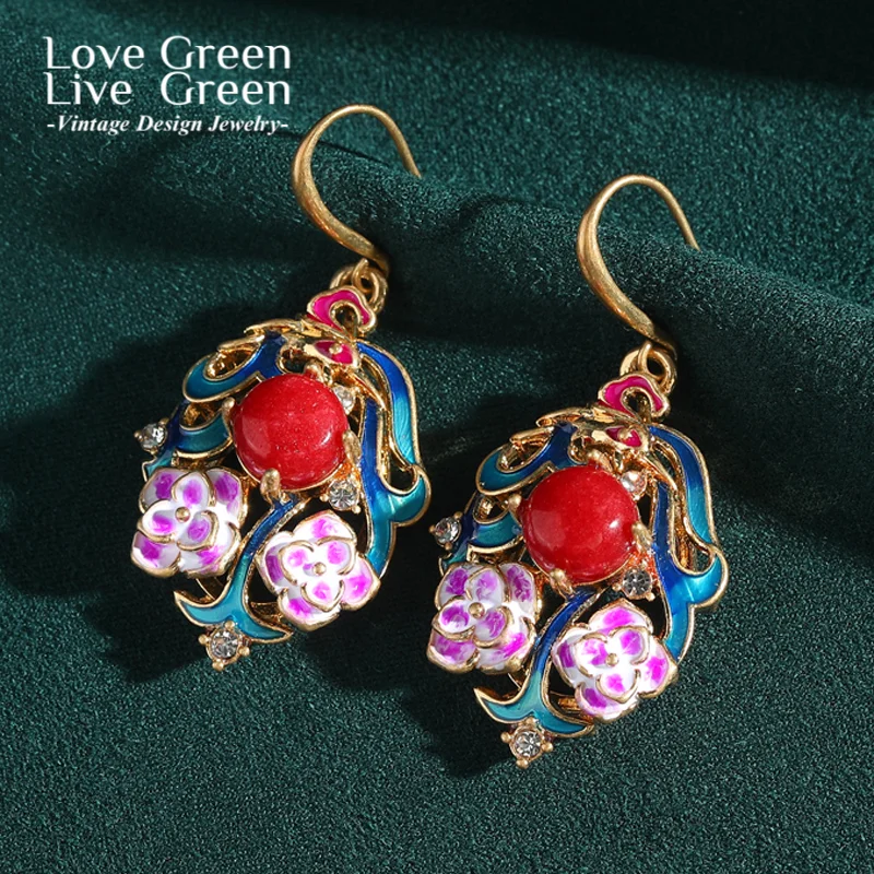 

Vintage Enamel Palace Colorful Flower Earring Drop Gold Color Hook Red Agate Jewelry Designer Luxury For Woman Accessories 2025