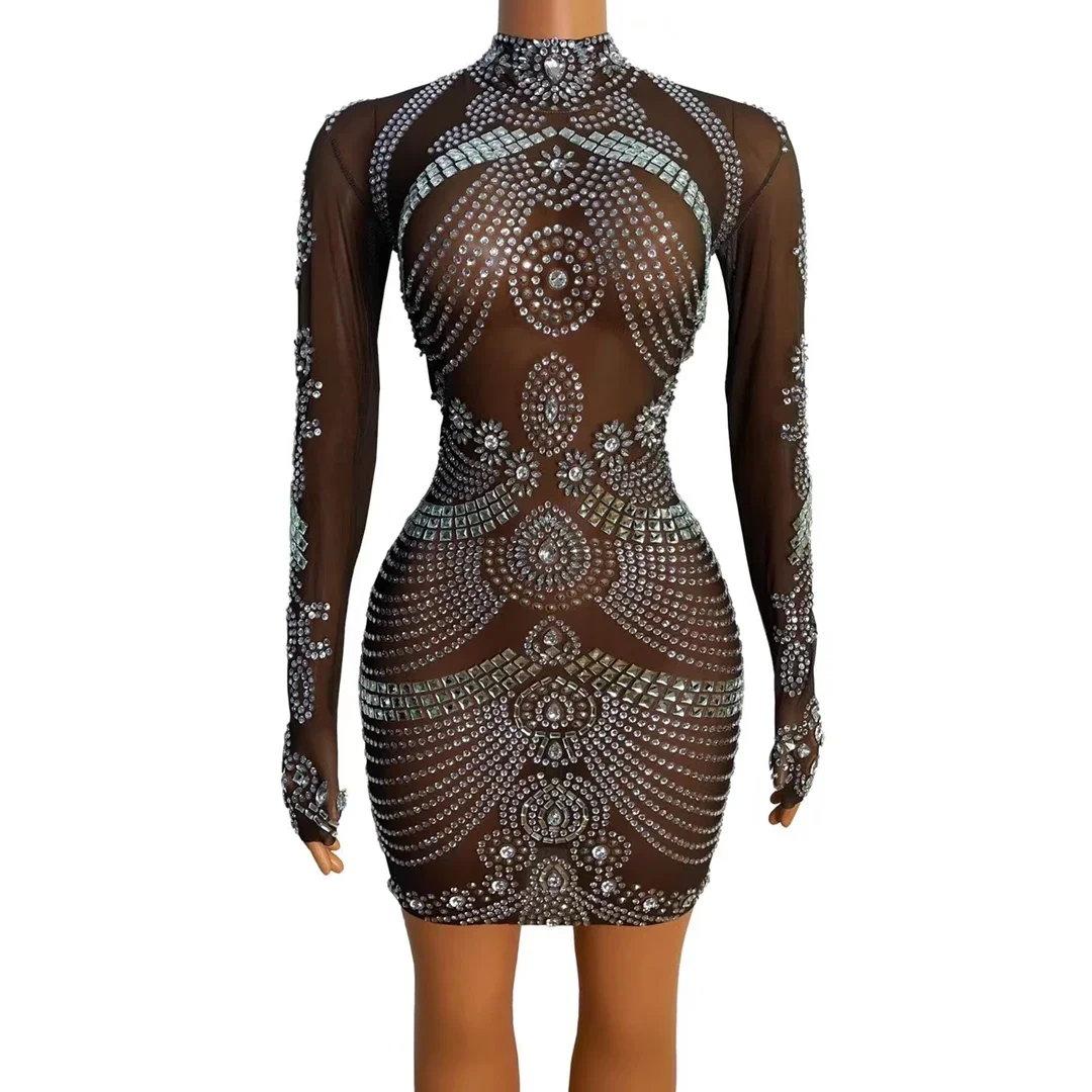 Malha cintilante feminina vê através do vestido bodycon, vestido curto de baile, vestido de festa sexy, strass preto, moda, 2024