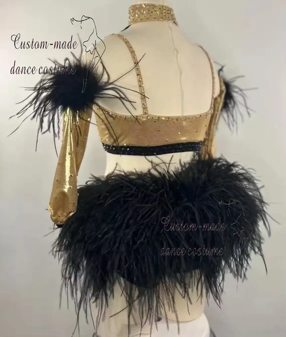 Zwart en goud lyrisch danskledinghemdje met hoge elasticiteit voor dames, verenversieringen en fonkelende strasssteentjes