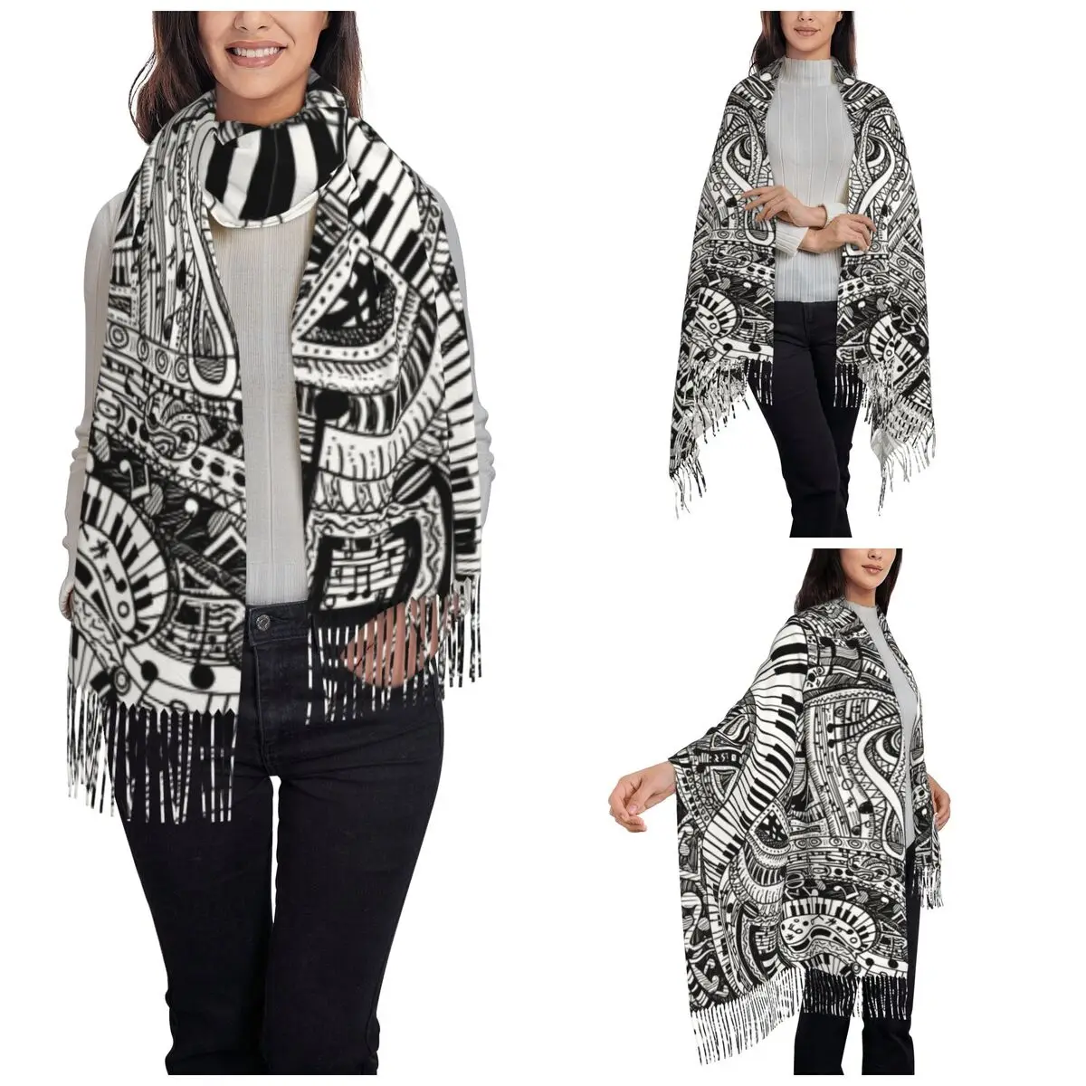 Womens Scarf Tassel Classical Music Doodle Nocturne By Chopin Piano Keyboard Long Soft Shawl and Wrap Gifts Pashmina Scarves