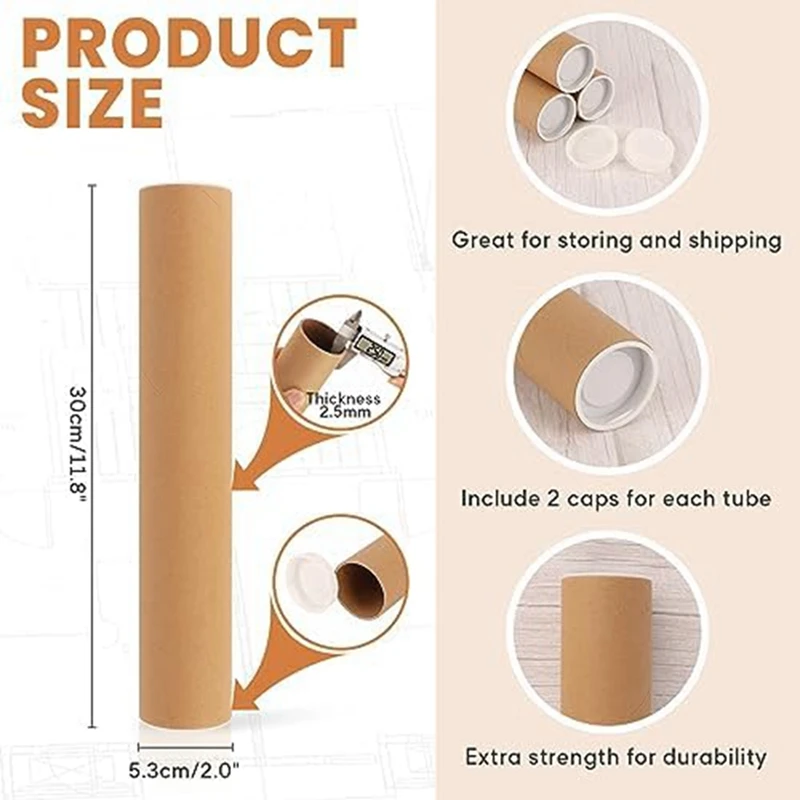 Papelão Mailers Tube, Poster Tube com Caps, Embalagem Cartazes para Mailing, 2x1 2 Polegada, 12 Pack