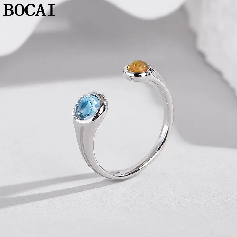 

Ювелирные изделия из стерлингового серебра BOCAI S925, простое и универсальное двухцветное обручальное кольцо с топазом, женский подарок по выбору