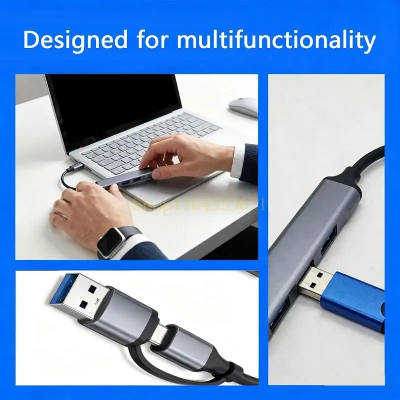Best Seller USB Data Expander with Four Device Outputs USB Adapter, Tethered USB-A and USB C Host Inputs, Aluminum and ABS