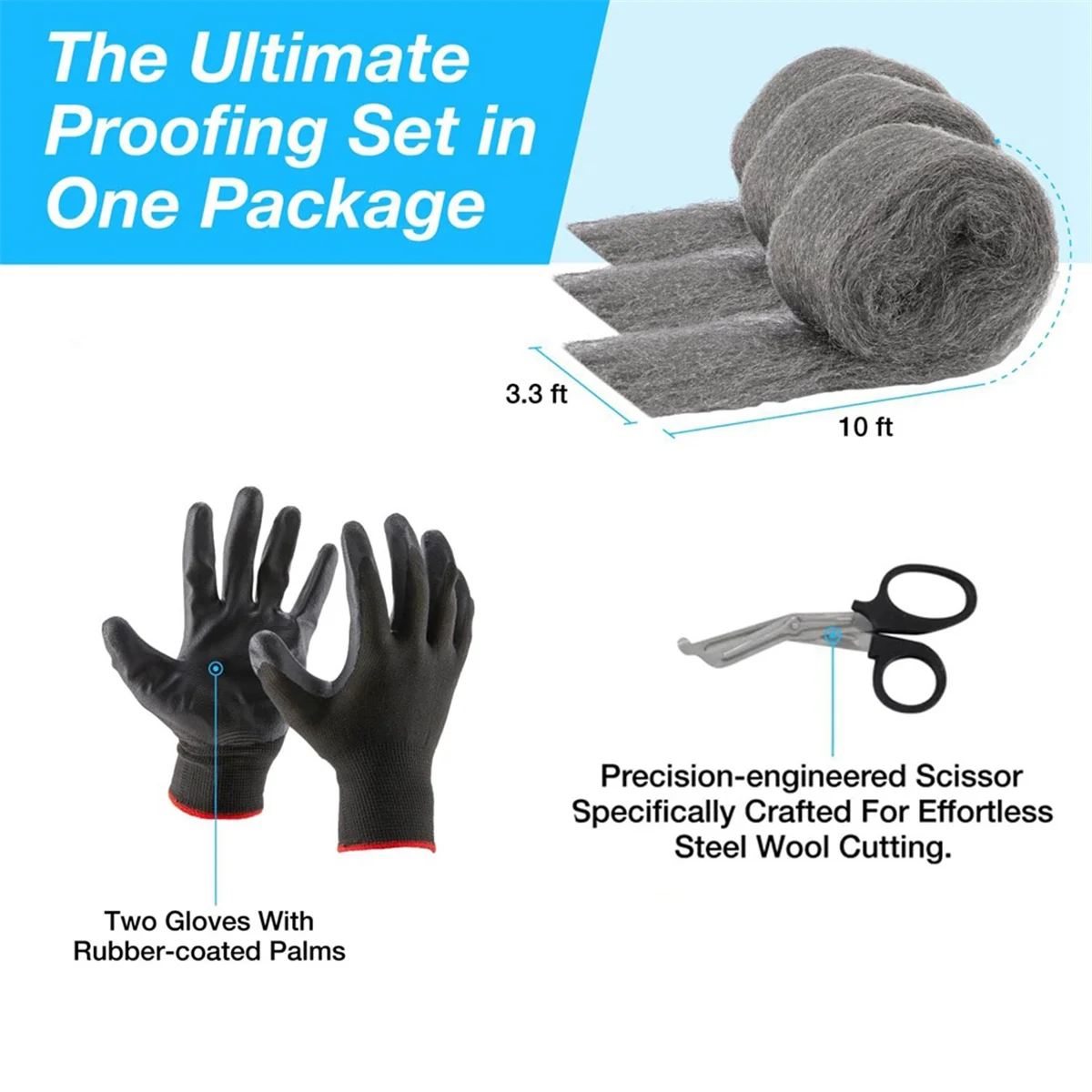ABFKW Steel Wool Mice Proofing Hole and Filler, 3 Pack, 3.3 in X10 Ft, Steel Wool MiceControl DIY Kit Filler Tool