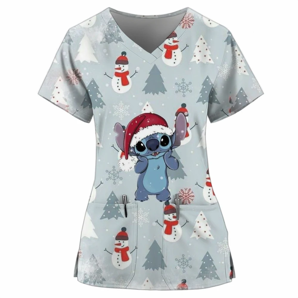 Disney Stitch print Nursing Scrubs Christmas Uniforms V-neck Short Sleeved Fashionable Nursing Uniform Tops Beauty Spa T-shirt