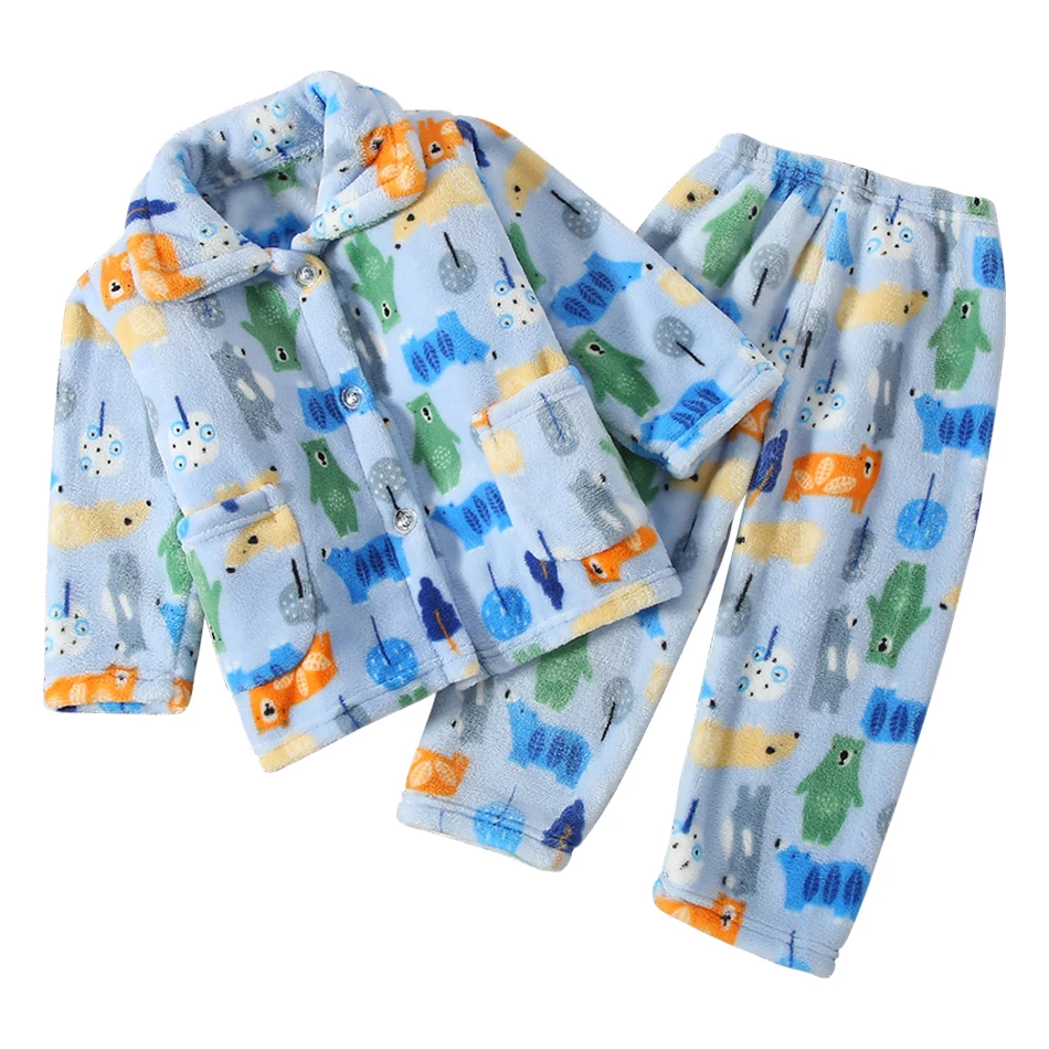 Children Flannel Pajamas Sets Long Sleeve Stylish Versatile Warm Coral Fleece Kids Cartoon Dinosaur Winter Comfortable Homewear