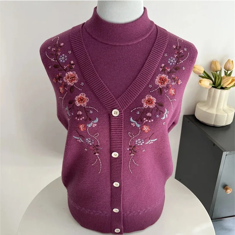 Elderly Women Fleece Lined Fake Two Piece Sweater Winter Half Turtleneck Floral Embroidery Warm Mother Knit Top