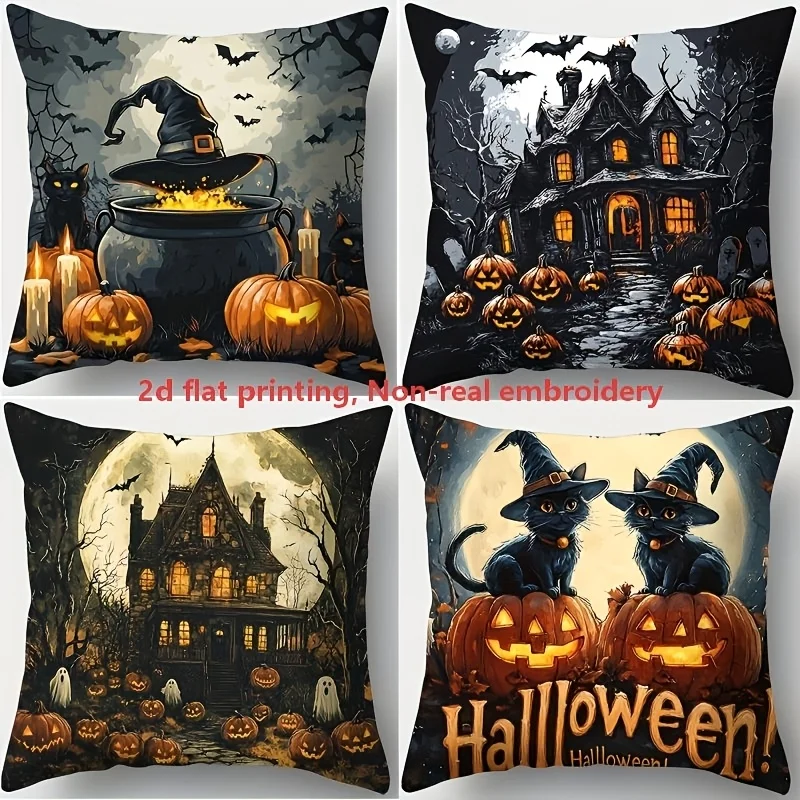 Halloween Theme 4 Piece Print Throw Pillow Covers Set Spooky Haunted Pumpkin Gothic Digital Print Polyester Fall Home Decor Acce