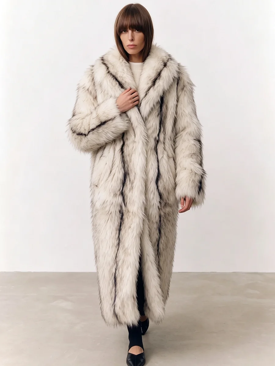 PUAL  Women Long Faux Fur Coat, Lapel Collar Drawstring Waist Warm Loose Winter Maxi Outerwear With Pockets