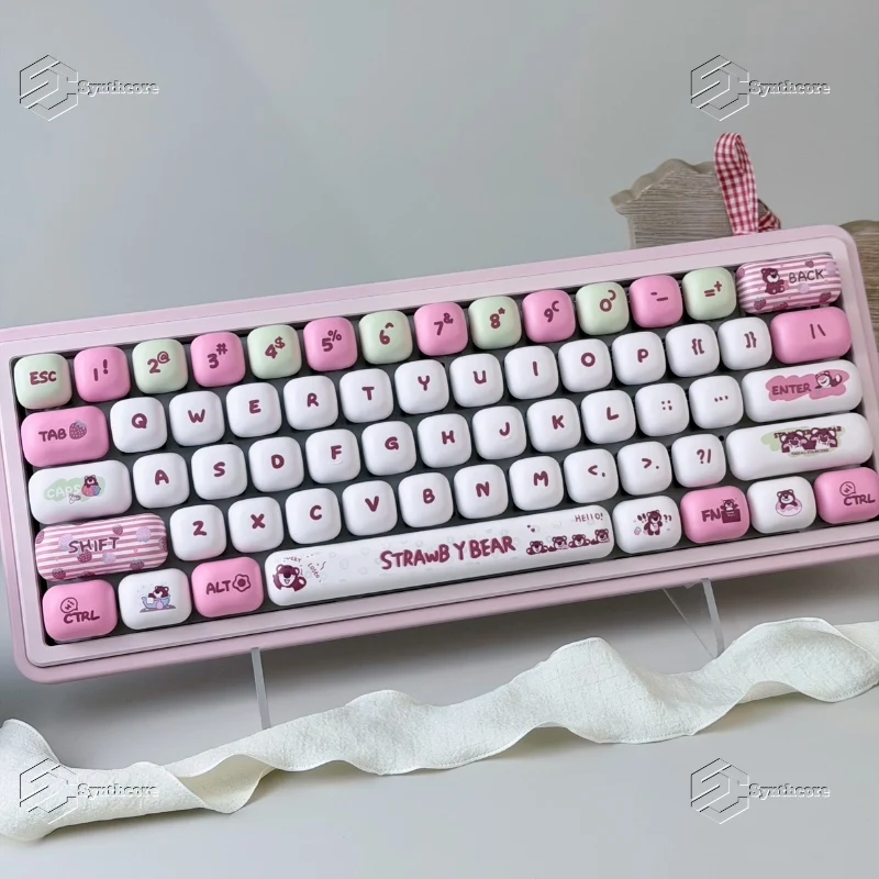 Custom Strawberry Cute Bear Theme MOA Rounded Keycaps, Unique Cute PBT Dye-Sub DIY, Custom Mechanical Keyboard Accessories
