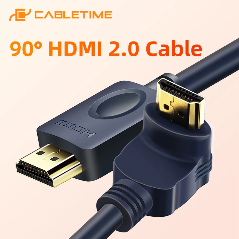 CABLETIME 90° 4K HDMI to HDMI 2.0 Cable Fire-proof 3D Full Premium 24K Gold Plated for HDMI Device Laptop Computer