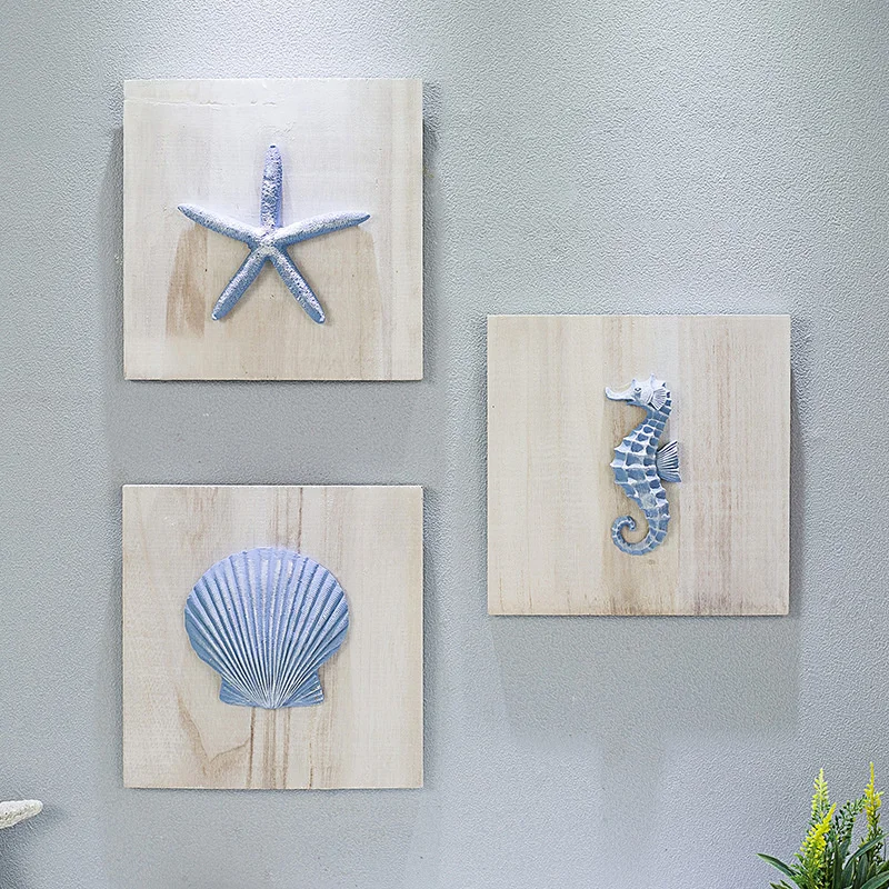 1PC Mediterranean Paulownia Wood Hang, Starfish, Scallops, and Seahorse Hang, Ocean Style Entrance Background Wall Painting