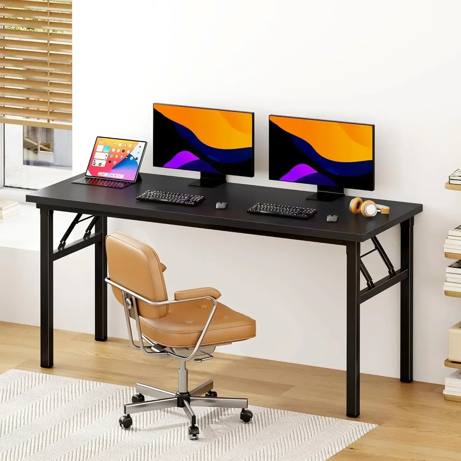 62 Inches Large Home Office Folding Computer Desk, No Install Needed, Composite Wood Board, Folding Dining Table/Works