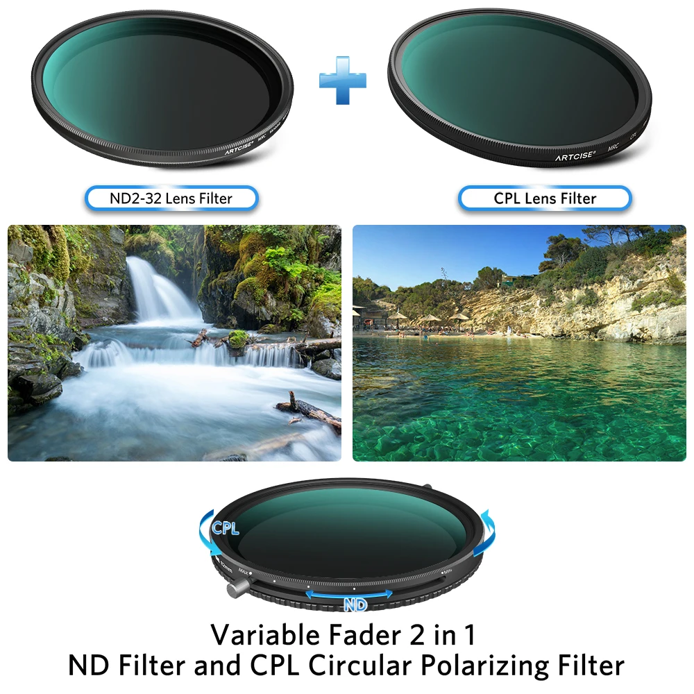 ARTCISE Variable ND2-ND32 ND CPL Filter 2 in 1 Circular Polarizing Lens Filter 58mm 62mm 67mm 72mm 77mm 82mm Camera Accessories