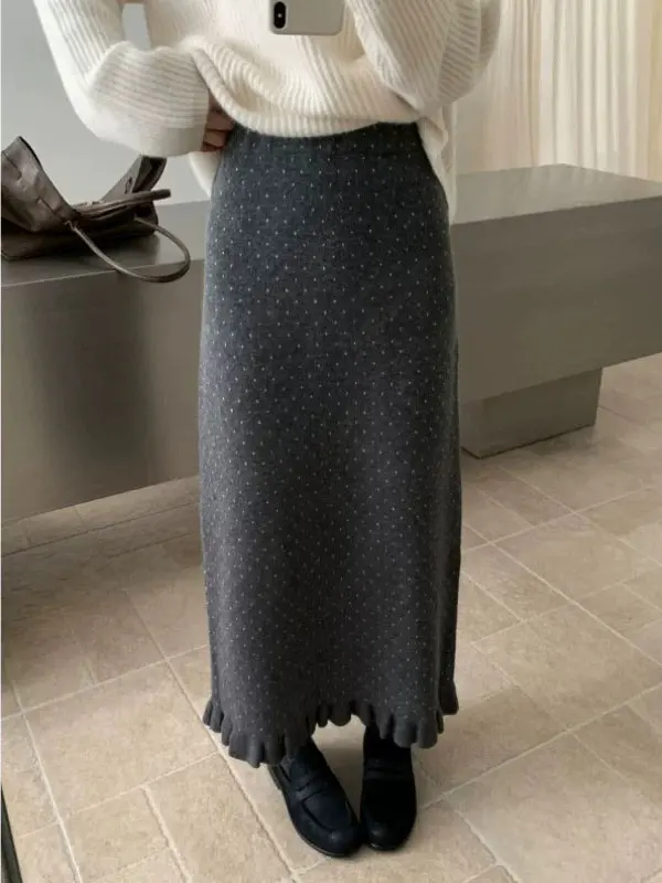 Deep Grey Polka Dot Wooden  Knitted Half Skirt Women's Beautiful Spring Autumn  Midi Skirt High Waist A-Line Skirt