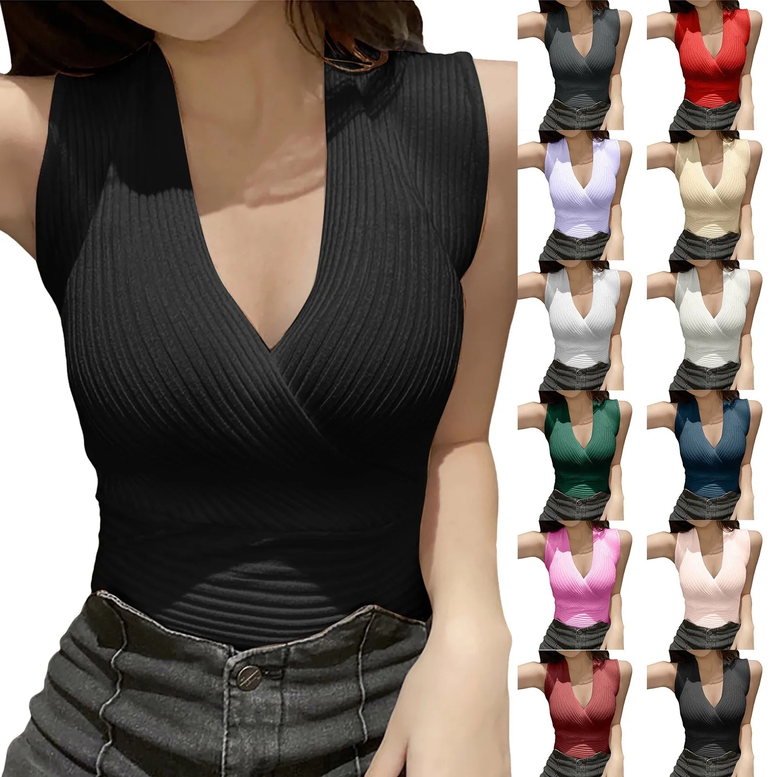 Sexy Low Cut Knit Bottom For Women Short Sleeve Vest Tight Waist Deep V Neck Basic Shirts Tees Female Clothing