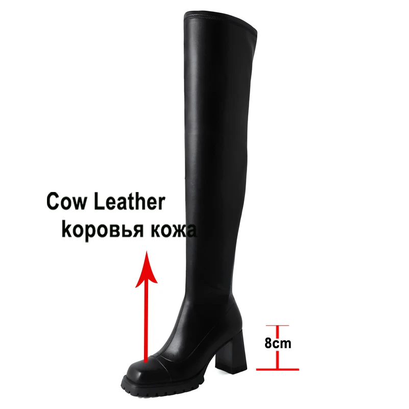 Meotina Women Genuine Leather Stretch Thigh High Boots Square Toe Thick High Heel Zipper Ladies Long Boot Autumn Winter Shoes 40