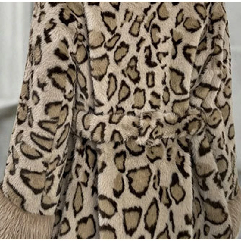 Tie Waist Faux Fur Coat Leopard Pattern Shawl Lapel Furry Cuff Splicing Long Sleeve Loose Chic Jacket 2026 Women's Fashion Coats
