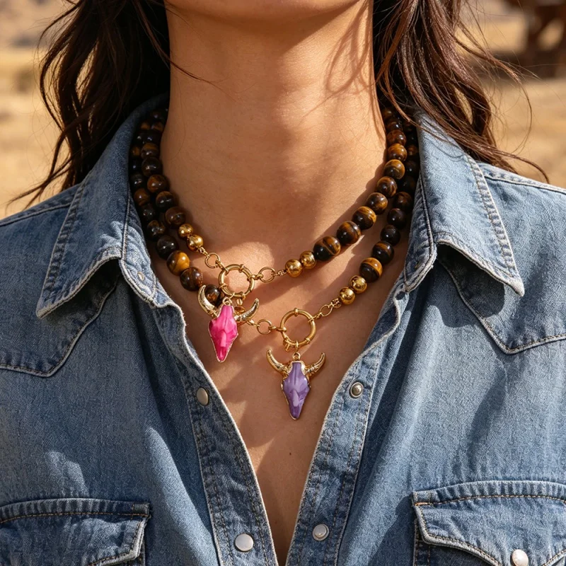 Natural Tiger Eye Stone Beaded Crystal Bull Head Pendant Wheel Buckle Necklace