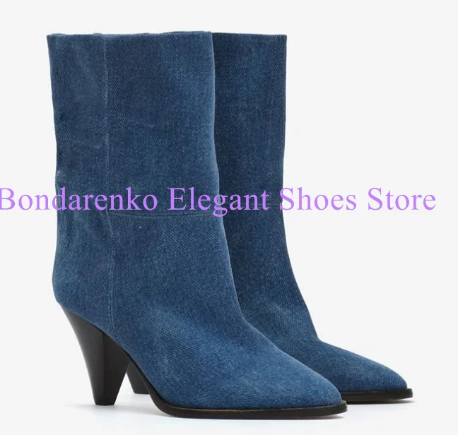 الأزرق الدنيم سبايك الكعوب سيدة حذاء من الجلد مثير أشار تو كعب غريب رقيقة الساق امرأة أحذية بوت قصيرة موضة مأدبة فستان الأحذية #1