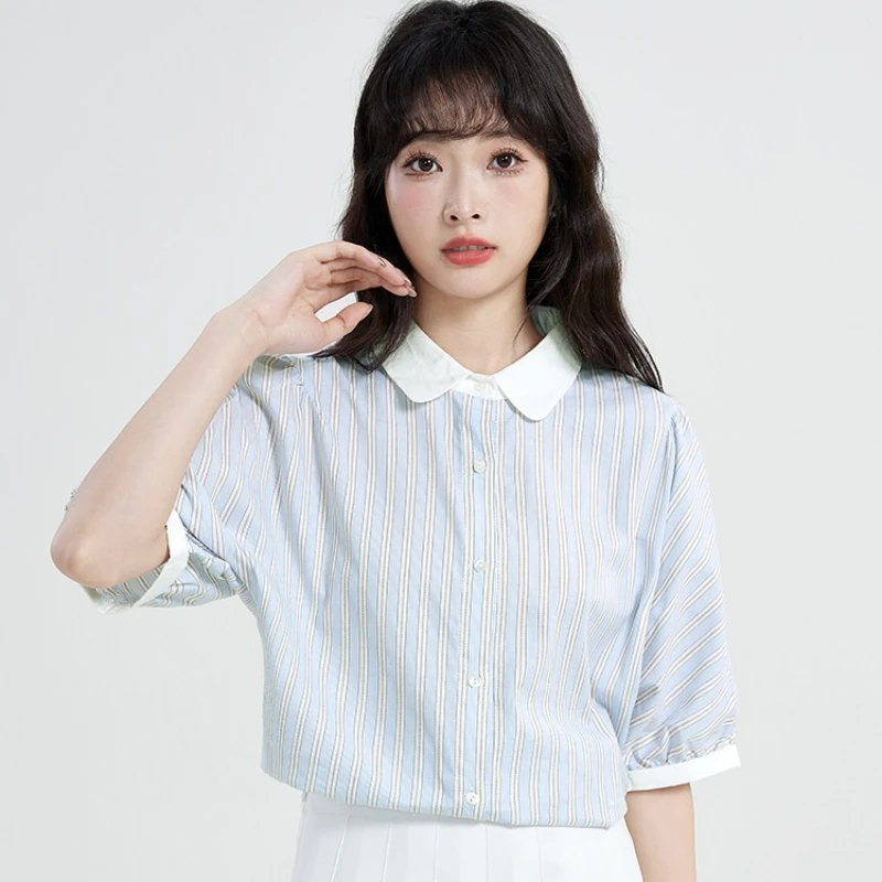 Chemisiers Vintage pour femmes, chemises rayées, mode, vêtements d'été amples, manches courtes, col rabattu coréen, hauts pour femmes