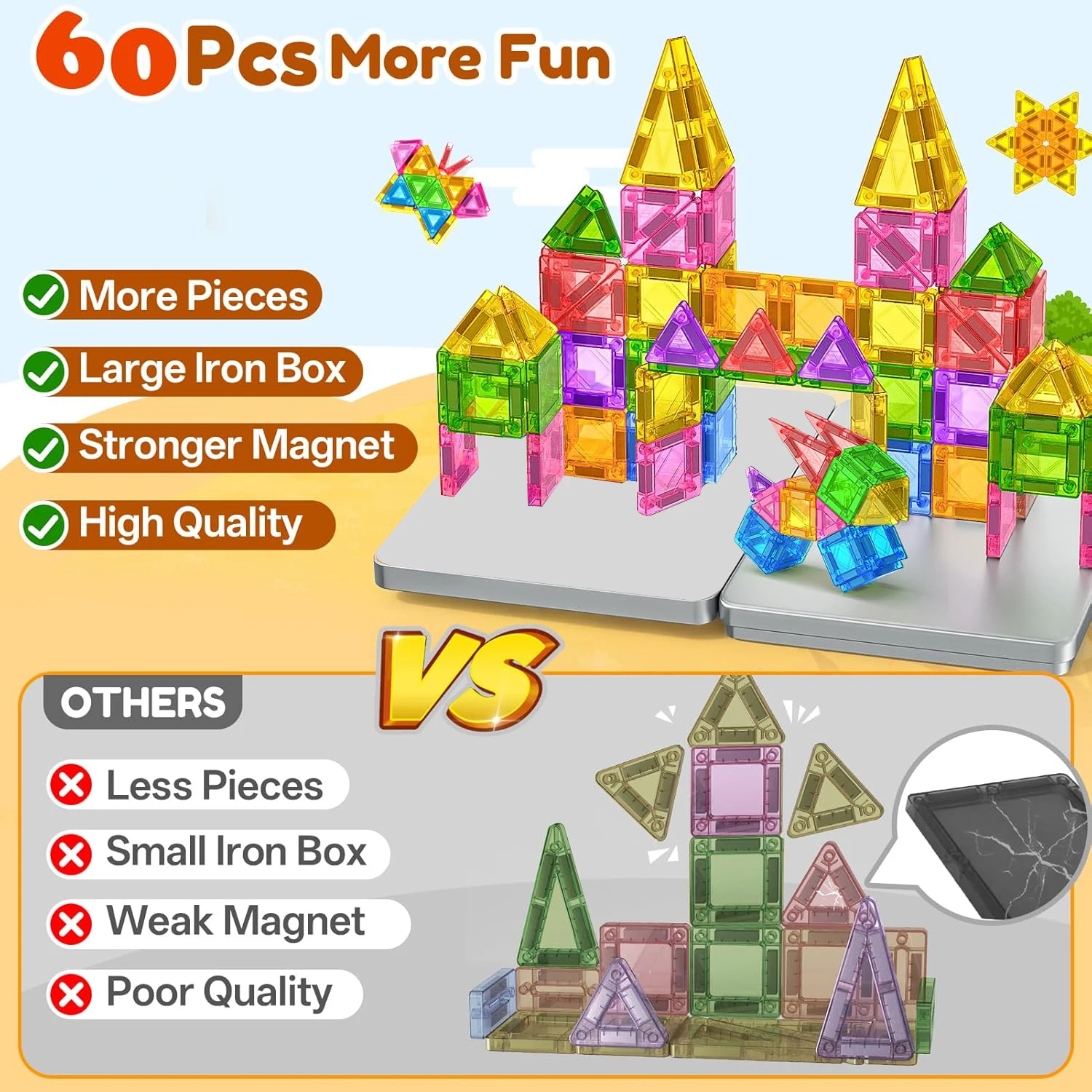 60개 미니 자석 타일, 3-5세, 4-8세 유아, 유치원 STEM 여행용 자석 빌딩 키즈 장난감, 크리스마스 생일 선물