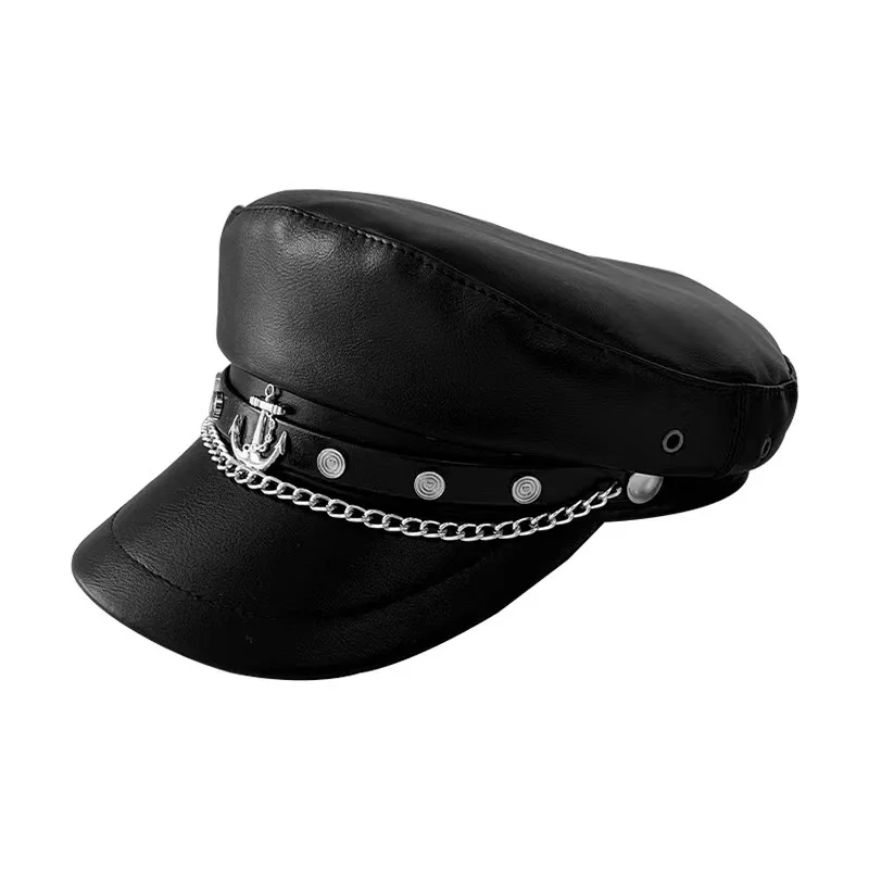 Retro British Style Berets Female Korean Pu Leather Casual Cap Boat Anchor Chain Link Rivet Decoration Japanese Octagonal Caps view 6