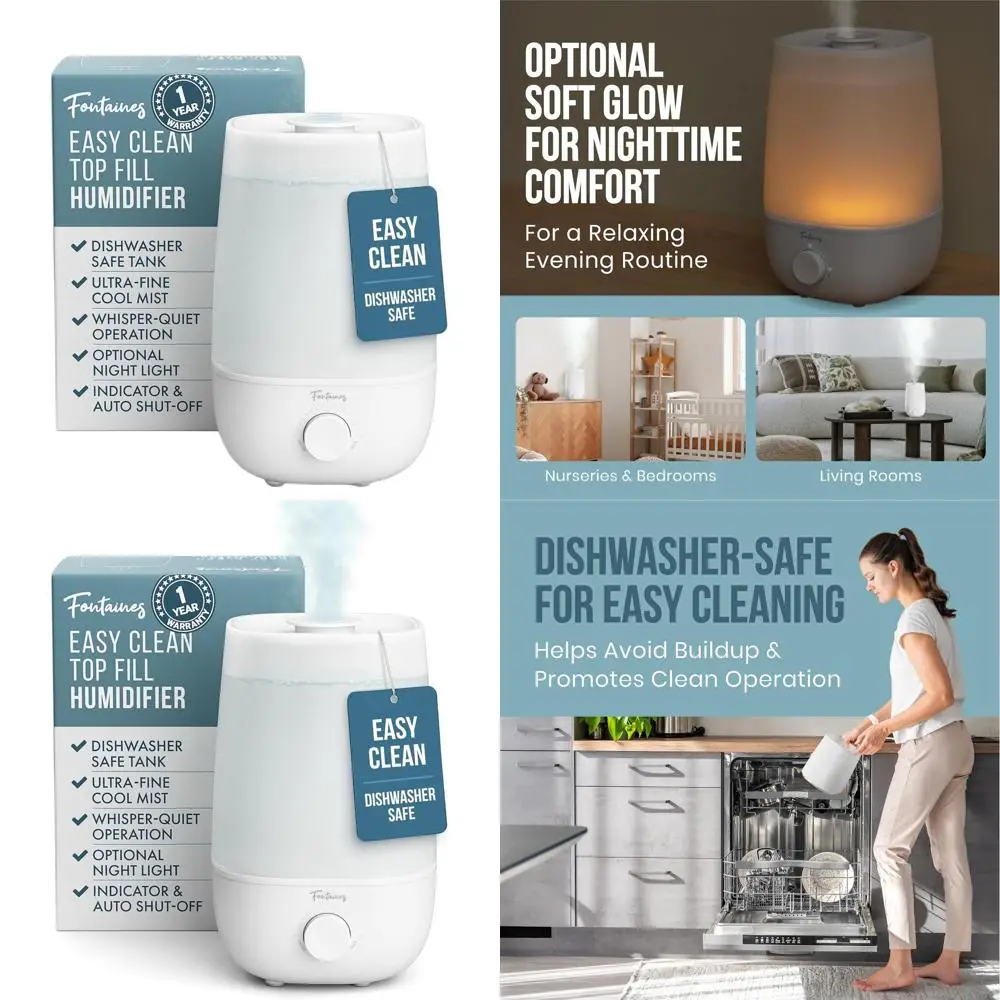 

Увлажнитель воздуха с функцией охлаждающего тумана и 360-градусным распылением ° Распылитель, бесшумная работа, резервуар, пригодный для мытья в посудомоечной машине, ночник, автоматическое отключение для дома и детской комнаты