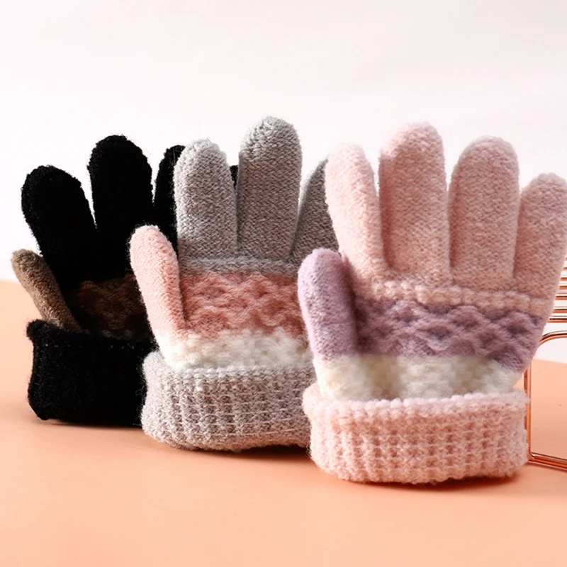 1 Pair Kids Winter Gloves Knitted Stripe Children Coldproof Warm Full Finger Gloves Boys Girls Mittens QX2D