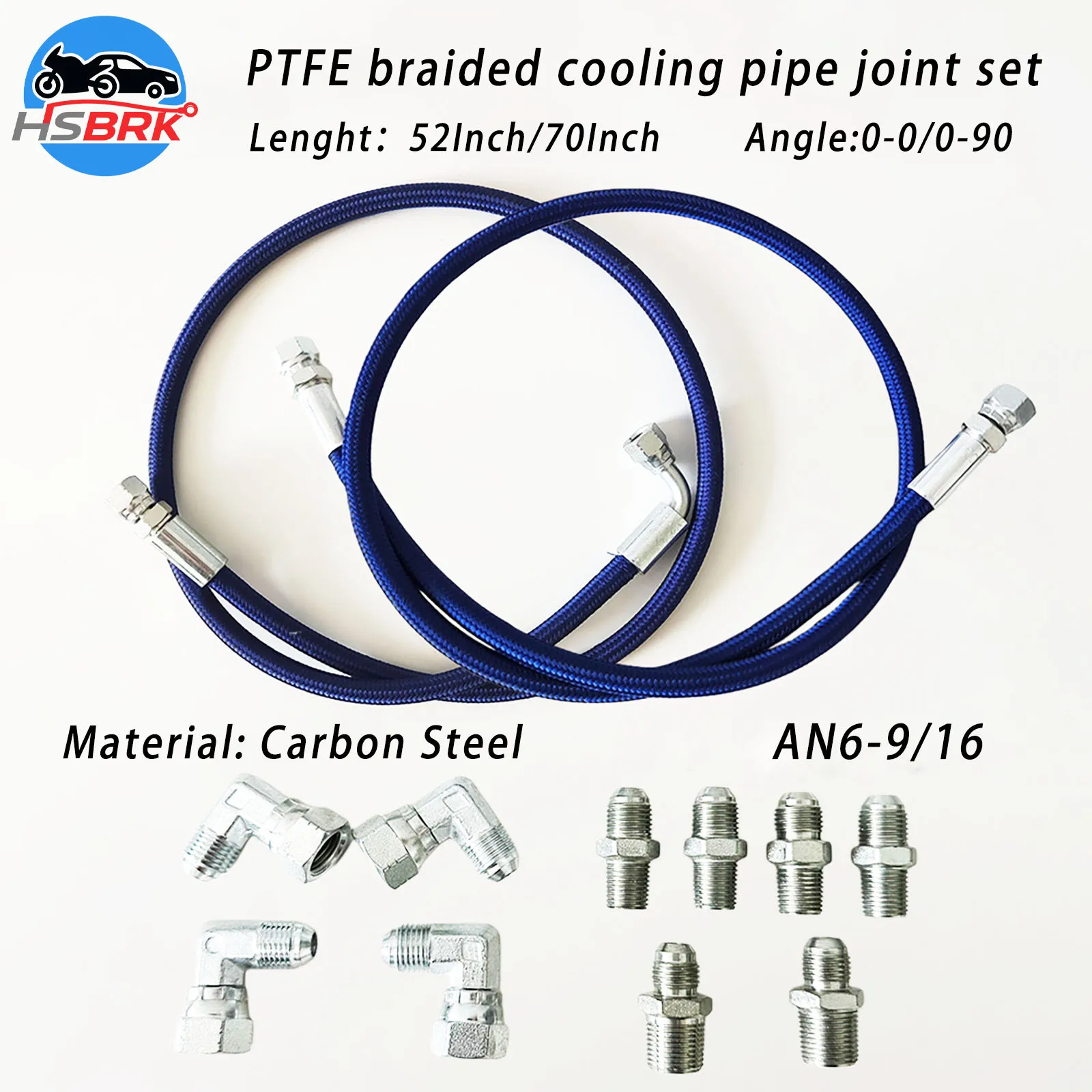 AN6-9/16 PTFE Nylon Braided Cooler Lines Kit 52Inch/70Inch 0-90 Degree Right Angle Universal Fittings