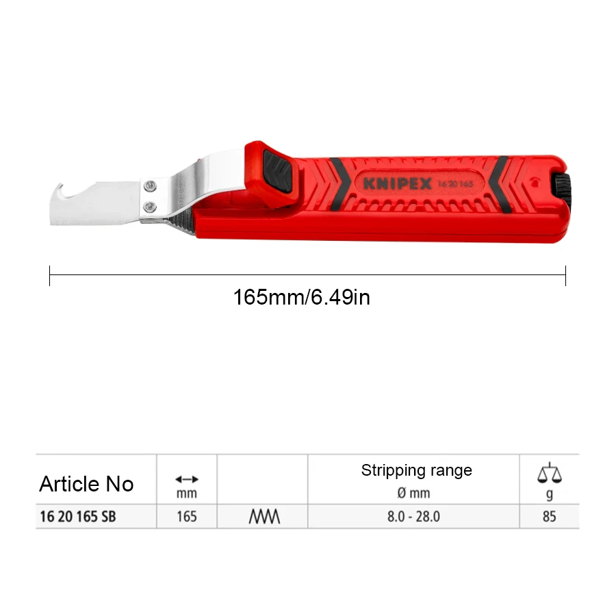 Knipex 16 20 165 SB Cable Stripper Tool Suitable for Round Cable 8 - 28mm Turnable Blade for Circular and Longitudinal Cutting