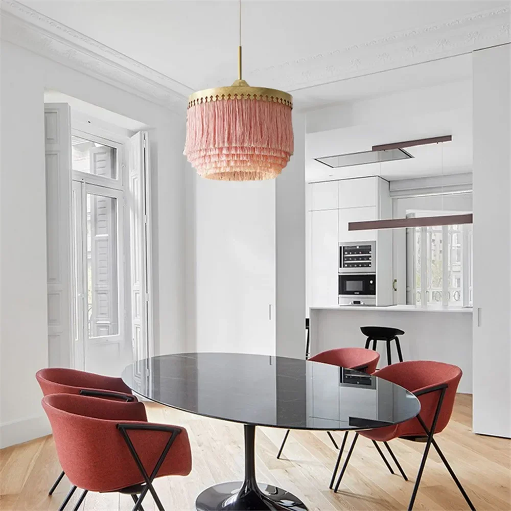 Creative LED Pink Pendant Lamp Cotton Line Lights Minimalist Princess Room Decorative Art Fringe