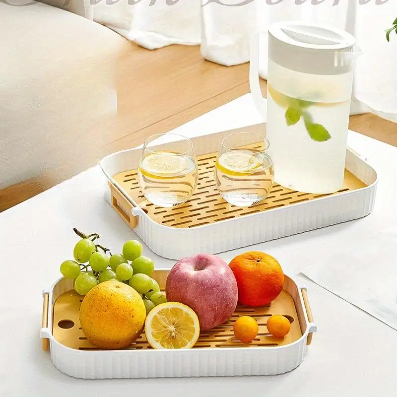 

Household Tea Tray Portable Double-layer Drainage Tray Square Imitation Wujinshi Tea Tray Small Storage Tea Set in Living Room
