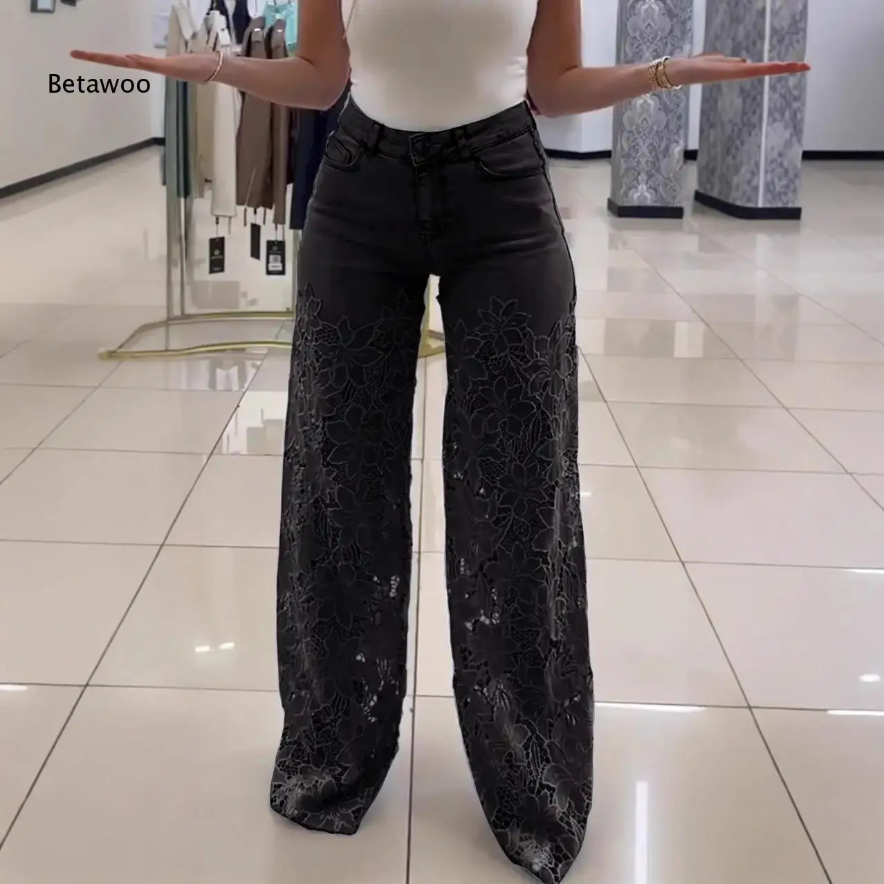 

2026 Women's Black Lace Overlay Wide Leg Jeans, High Waist Straight Leg Denim Trousers