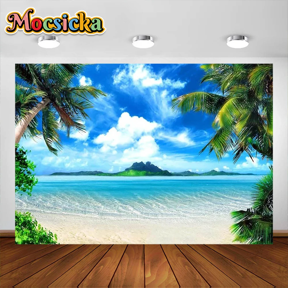 Summer Beach Theme Photography Backdrops Sea Ocean Palm Leaf Sand Beach Background Bride Bathing Baby Shower Birthday Decoration